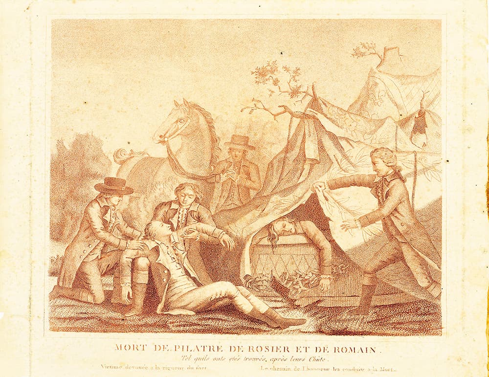 Acquaforte dell'epoca che riproduce lo sfortunato incidente di Pilâtre de Rozier