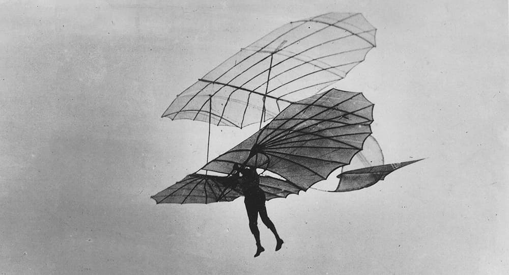 Il volo planato di Lilienthal col biplano da lui progettato