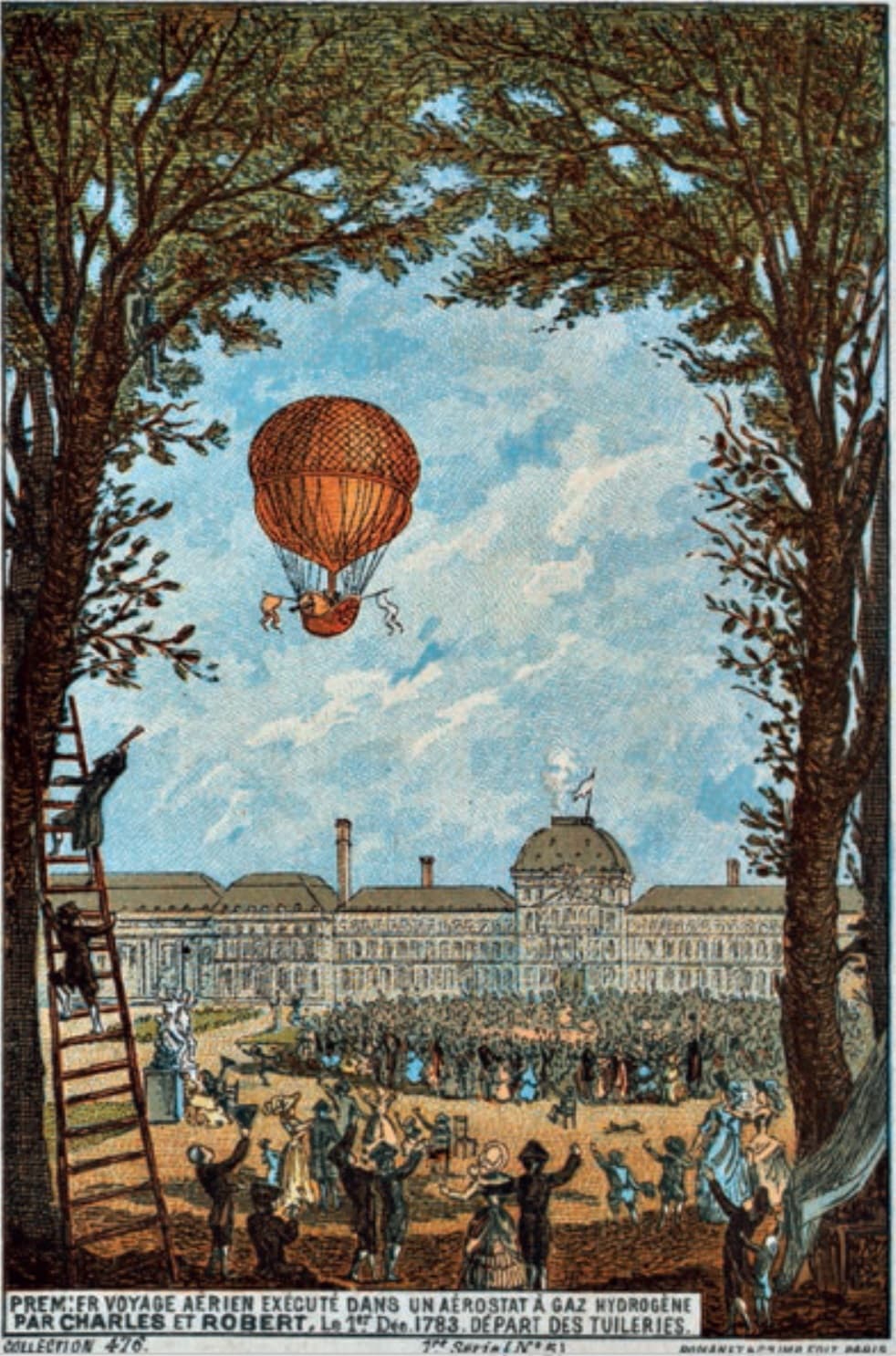 Il pallone a idrogeno di Charles decolla dal giardino delle Tuileries a Parigi il 1° dicembre 1783