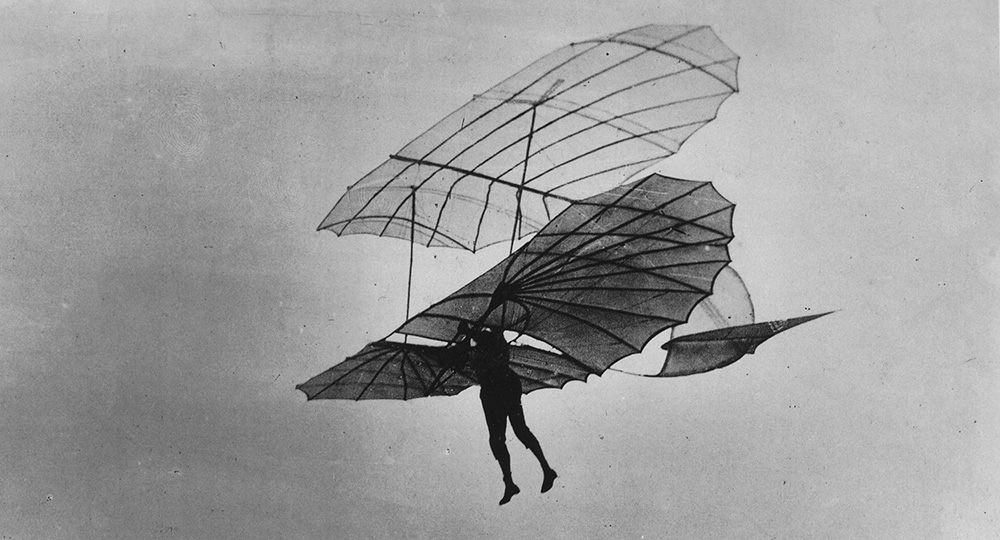 Il volo planato di Lilienthal col biplano da lui progettato