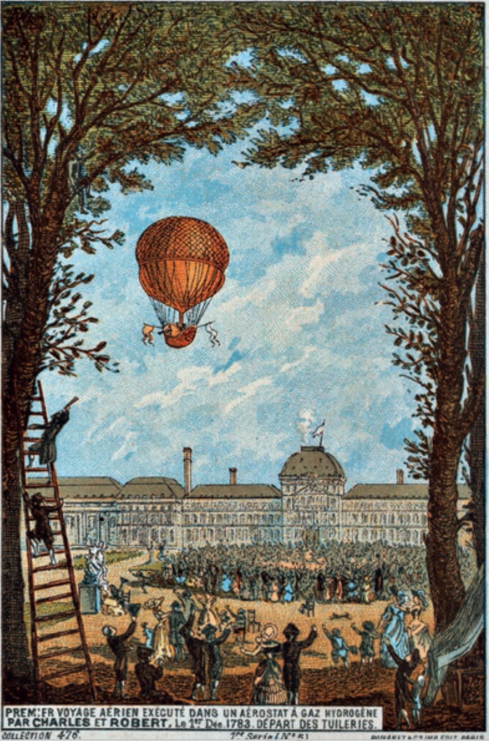 Il pallone a idrogeno di Charles decolla dal giardino delle Tuileries a Parigi il 1° dicembre 1783